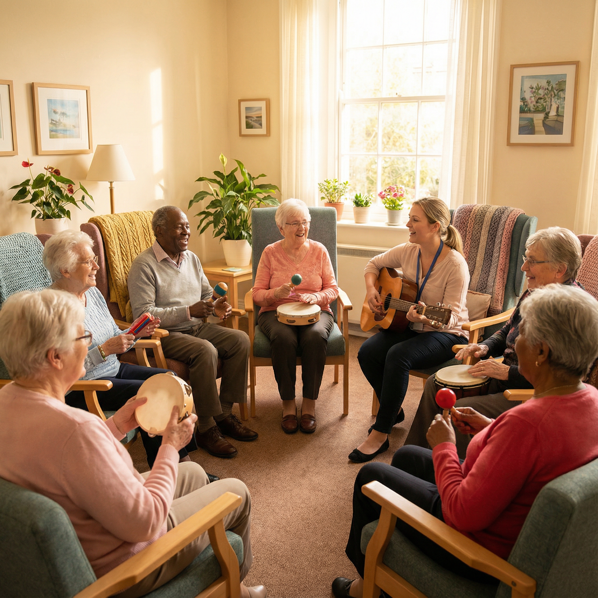 Intervenção não farmacológica personalizada que usa som, ritmo e canto para estimular memória, reduzir ansiedade, melhorar marcha e fortalecer vínculos sociais na terceira idade
